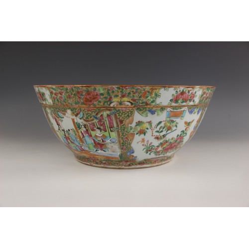 435 - A large Chinese porcelain Canton centre bowl, 19th century, the tapered circular bowl extensively de... 