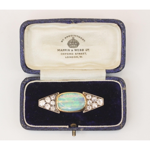 100 - An Art Deco precious opal and diamond brooch, the central cabochon opal (weight estimated 5.60 carat... 