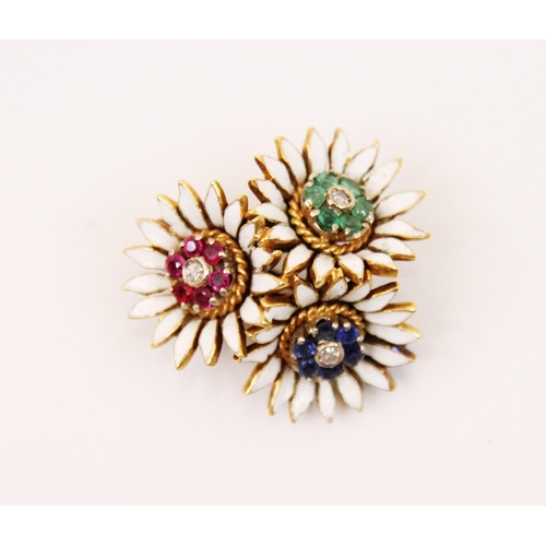 104 - An enamelled ruby, sapphire, emerald and diamond brooch, the three flower heads modelled as astranti... 