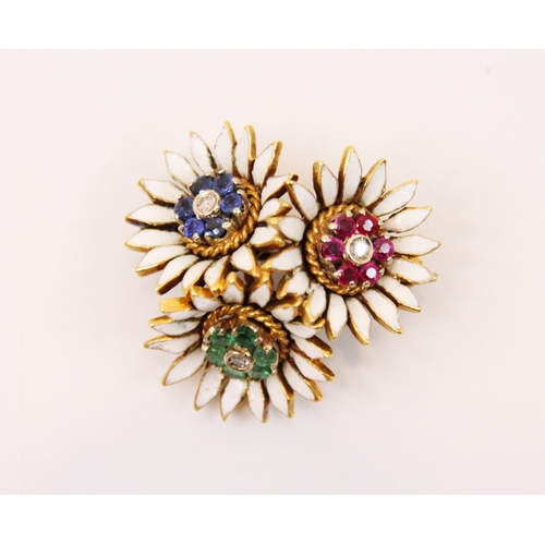 104 - An enamelled ruby, sapphire, emerald and diamond brooch, the three flower heads modelled as astranti... 