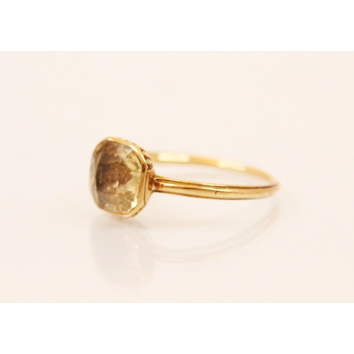 127 - A 19th century untested yellow sapphire ring, the radiant style cut yellow sapphire (possibly foiled... 