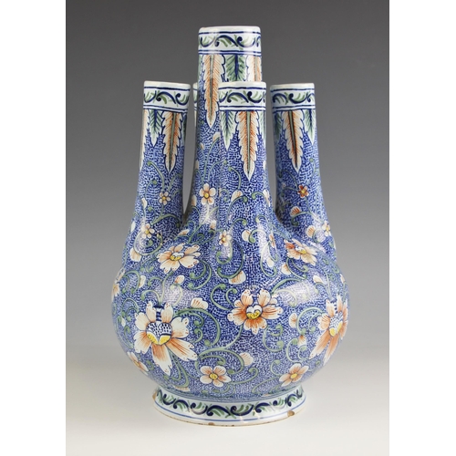 398 - A French faience five neck bulb vase of large proportions, 20th century, decorated with climbing flo... 