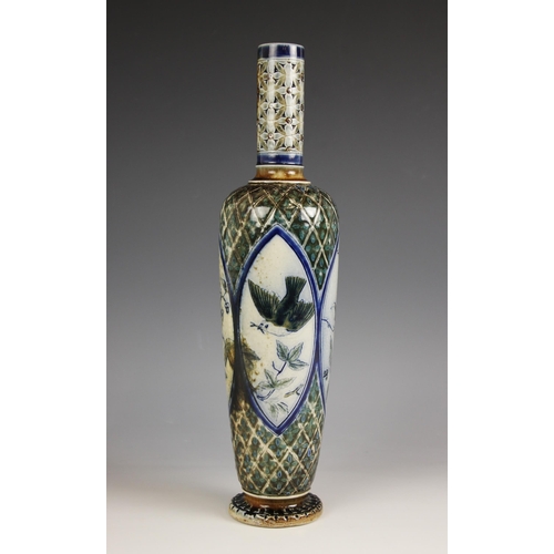 405 - A Martin Brothers stoneware vase by Robert Wallace Martin, dated 1879, of slender high shouldered fo... 