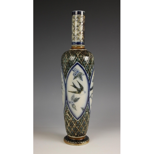 405 - A Martin Brothers stoneware vase by Robert Wallace Martin, dated 1879, of slender high shouldered fo... 