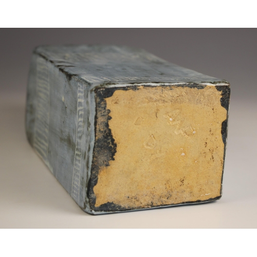 410 - A studio pottery vessel, 20th century, of rectangular form with tapering neck, the body with sgraffi... 