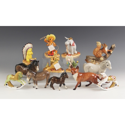 444 - Five Beswick animals, comprising: Shetland Pony (Woolly Shetland Mare) in brown gloss, model number ... 