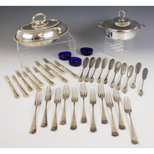 57 - Fourteen Mappin & Webb silver plated forks, of plain polished form with dragon engraved to thumbpiec... 