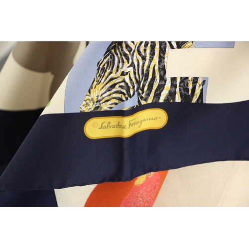 581 - A Salvatore Ferragamo silk scarf, decorated in an abstract design depicting flora and fauna, within ... 