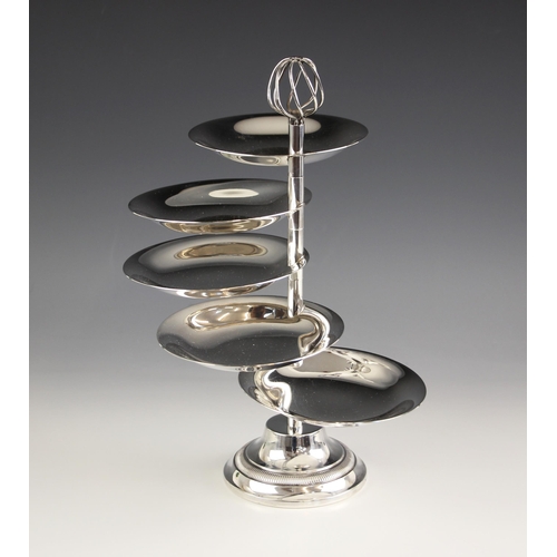 59 - A Christofle silver plated layered hors d'oeuvres stand, the wrythen finial above five articulated p... 