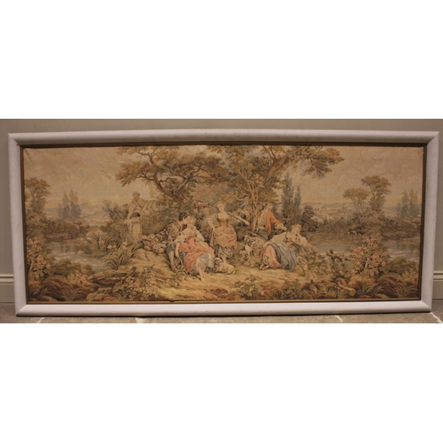 592 - A French 20th century wall tapestry, depicting figures making merry in a rural tree lined landscape ... 