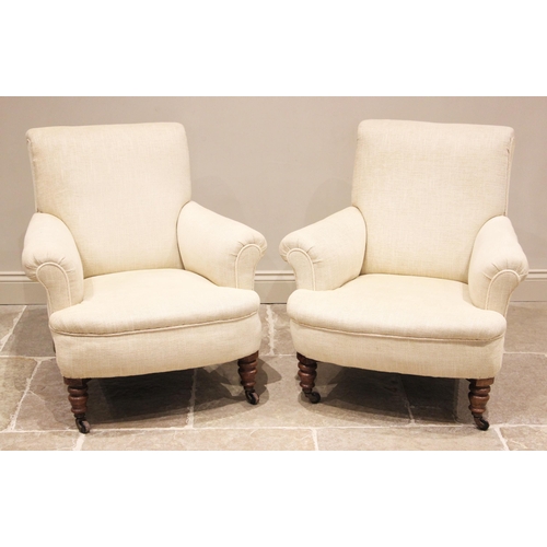 754 - A pair of Victorian club chairs, re-covered in oatmeal fabric and edged with piping cord, the bowfro... 