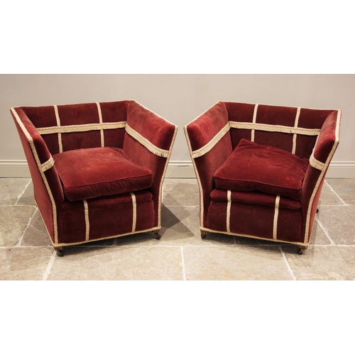 784 - A pair of Art Deco knoll type tub chairs, circa 1930, in burgundy velour fabric, of angular high sid... 