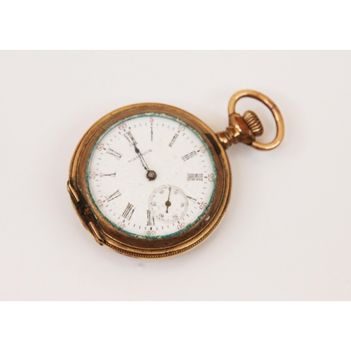 91 - A 9ct yellow gold open faced pocket watch, the circular enamel white dial with roman numerals and su... 