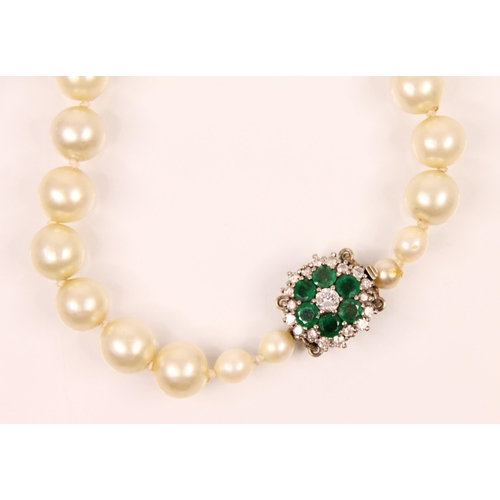 145 - A string of cultured pearls with emerald and diamond clasp, the cluster designed clasp with central ... 