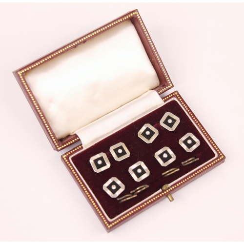 161 - A cased set of Art Deco style diamond and onyx dress studs and cufflinks, comprising two pairs of cu... 