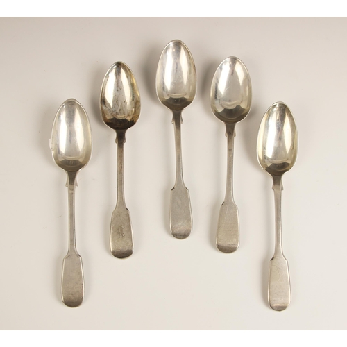 32 - A set of three Victorian silver fiddle pattern tablespoons, A B Savory & Sons, London 1864, of typic... 