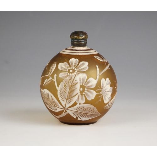 511 - A French Art Nouveau style enamelled amber glass scent bottle, mid 20th century, of spherical form, ... 