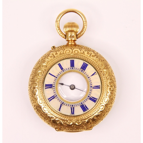 87 - A Victorian 18ct yellow gold ladies half hunter pocket watch, the circular white enamel dial with ro... 