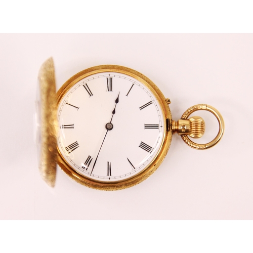 87 - A Victorian 18ct yellow gold ladies half hunter pocket watch, the circular white enamel dial with ro... 