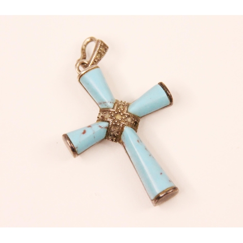 198 - A 'turquoise' coloured cross, the stylised cross with turquoise coloured sections with pendant bale,... 