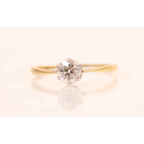 95 - An Edwardian diamond solitaire ring, the old cut diamond in white metal six claw setting, leading to... 