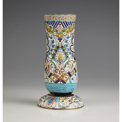 208 - A 20th century Russian silver and enamelled cloisonné vase, the waisted cylindrical vase with enamel... 