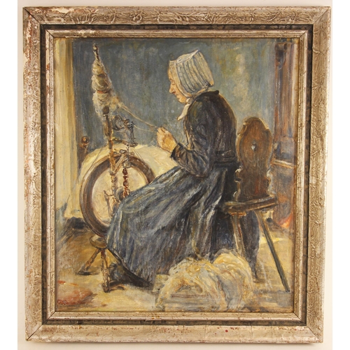 309 - Russian school (late 19th or early 20th century),  
A spinster at a spinning wheel in a cottage inte... 