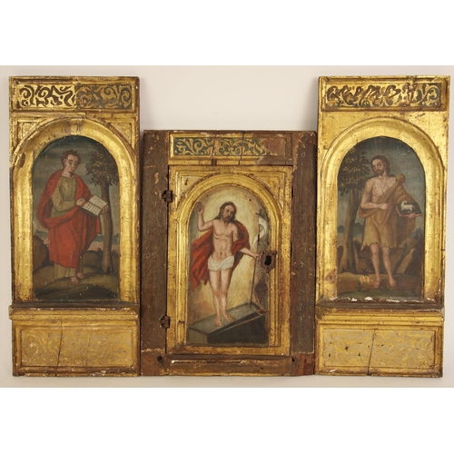 319 - Three painted wooden panels, 19th century, probably taken from a Spanish altarpiece, each naively pa... 