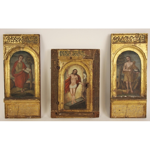 319 - Three painted wooden panels, 19th century, probably taken from a Spanish altarpiece, each naively pa... 