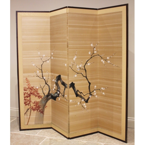 359 - A Japanese silk four-fold room screen / divider, circa 1940, each panel painted with a blossoming pr... 