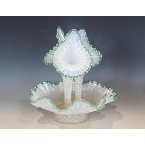 486 - A Fenton opaline white glass epergne, with green crimped rims, 30cm high, with two further similar e... 