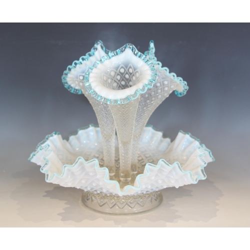 486 - A Fenton opaline white glass epergne, with green crimped rims, 30cm high, with two further similar e... 