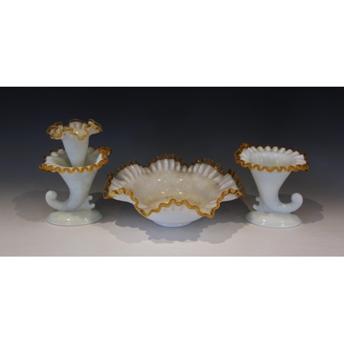 507 - A selection of epergne parts and components, to include; a Fenton opaque white glass bowl with amber... 