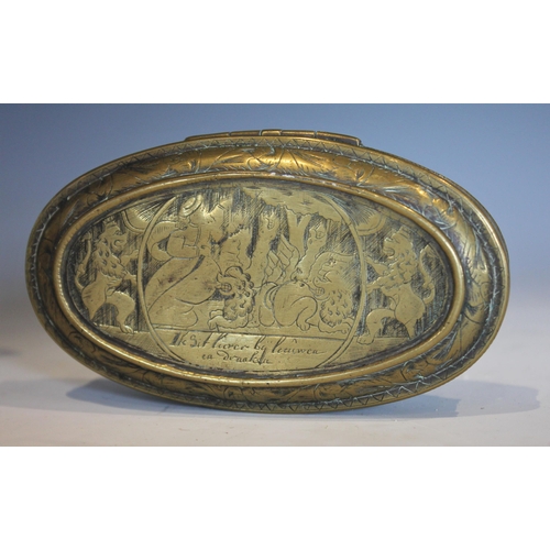 206 - A Dutch brass snuff box, 18th century, of oval form, engraved with biblical scenes, 4cm H x 13cm W, ... 