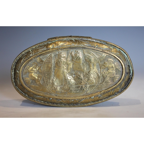 206 - A Dutch brass snuff box, 18th century, of oval form, engraved with biblical scenes, 4cm H x 13cm W, ... 