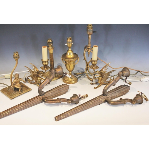 527 - A collection of six brass and gilt metal desk lamps, to include a pair modelled as griffins, 20cm H,... 