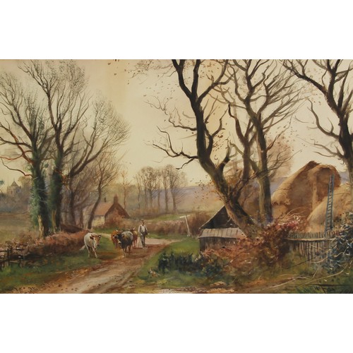 294 - H. C. Fox (British, 1855-1929),  
A farmer herding cattle along a country lane,  
Watercolour on pap... 