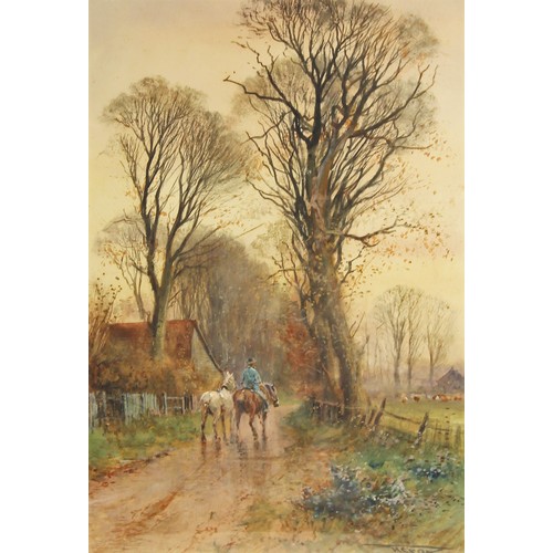 296 - H. C. Fox (British, 1855-1929),  
A mounted farmer leading a horse along a country lane,  
Watercolo... 