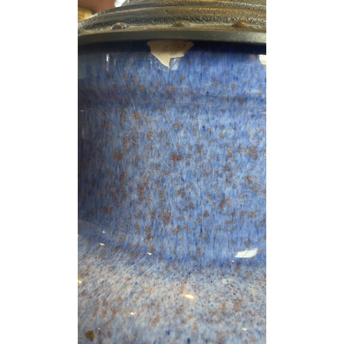 364 - A Ruskin style vase/lamp base, the speckled blue baluster shaped vase with spelter garland mounts to... 