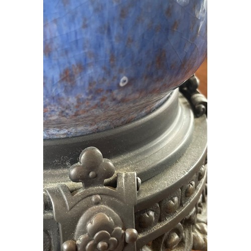 364 - A Ruskin style vase/lamp base, the speckled blue baluster shaped vase with spelter garland mounts to... 