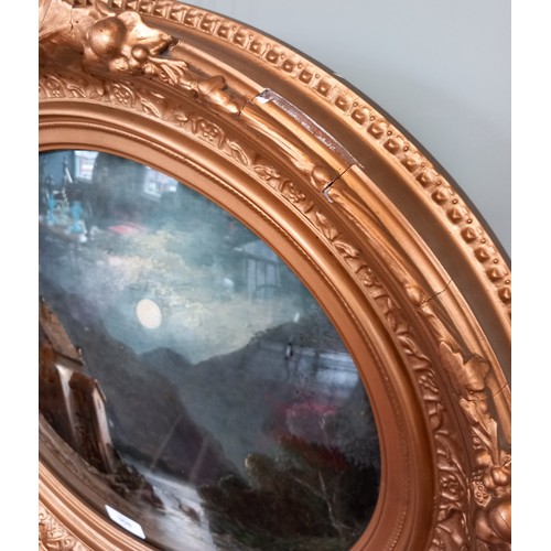 308 - Two reverse-painted landscapes on convex oval glass, late 19th or early 20th century, one depicting ... 