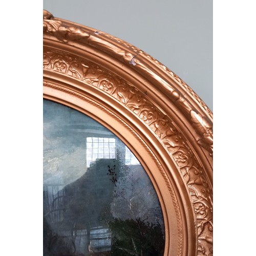 308 - Two reverse-painted landscapes on convex oval glass, late 19th or early 20th century, one depicting ... 