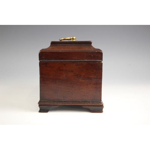 677 - A George III flame mahogany tea caddy, of sarcophagus form, the hinge cover applied with brass swan ... 