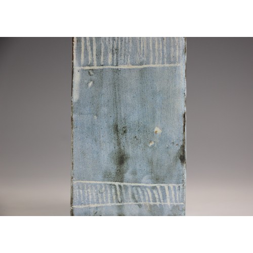 410 - A studio pottery vessel, 20th century, of rectangular form with tapering neck, the body with sgraffi... 