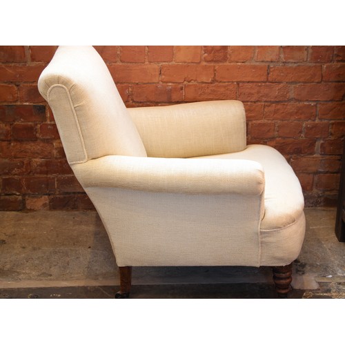 754 - A pair of Victorian club chairs, re-covered in oatmeal fabric and edged with piping cord, the bowfro... 