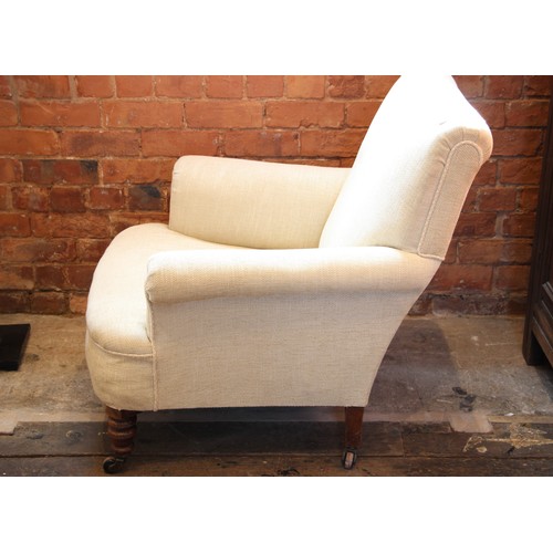 754 - A pair of Victorian club chairs, re-covered in oatmeal fabric and edged with piping cord, the bowfro... 