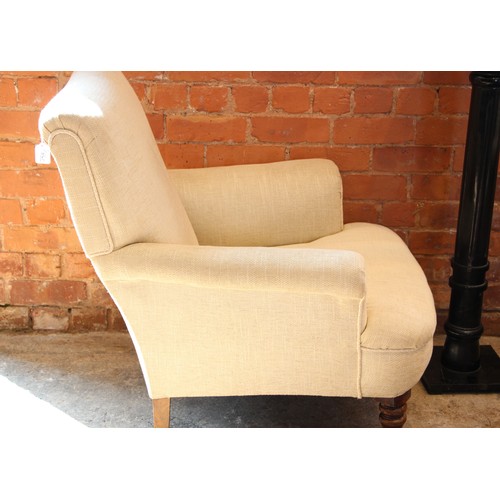 754 - A pair of Victorian club chairs, re-covered in oatmeal fabric and edged with piping cord, the bowfro... 