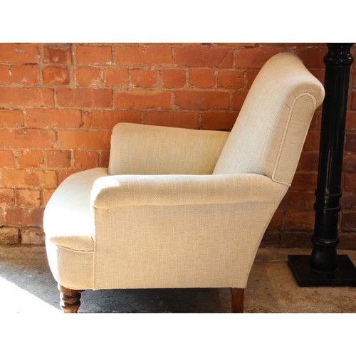 754 - A pair of Victorian club chairs, re-covered in oatmeal fabric and edged with piping cord, the bowfro... 