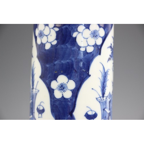 343 - A pair of Chinese porcelain blue and white sleeve vases, 19th century, each of cylindrical form and ... 