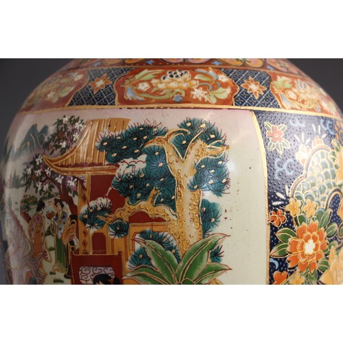 360 - A pair of large Japanese Satsuma porcelain vases, 20th century, each baluster vase with flared neck ... 